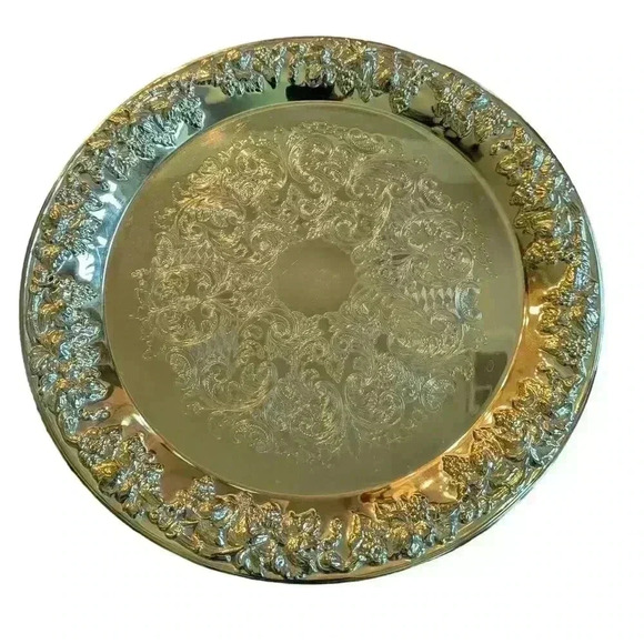 Vintage Ornate Brass Round Tray Raised Grapevine 13.75” - Picture 4 of 6